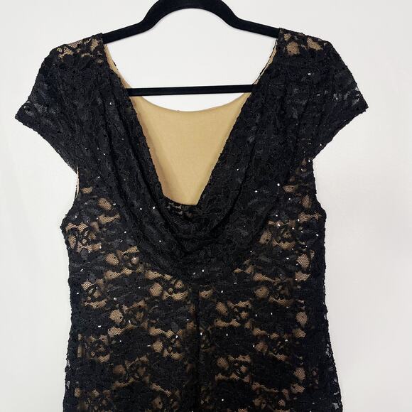 Connected Apparel 10 Black Illusion Lace Nude Cowl Back Sheath Cocktail Dress - Picture 6 of 11